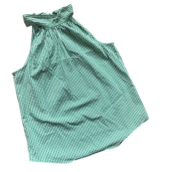 J Crew Sz 0 Gingham Halter Top Tie Neck Green White Preppy Coastal Classic - Picture 2 of 6